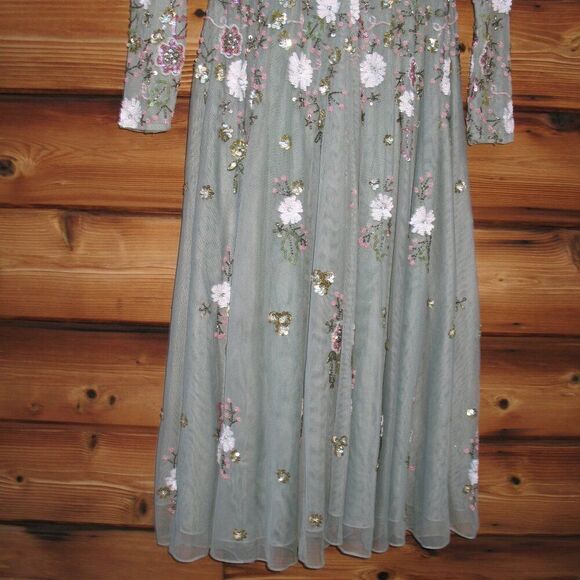 MAC DUGGAL 5716 Green Sequined Floral Long Sleeve High Neck Midi Dress - Picture 12 of 15